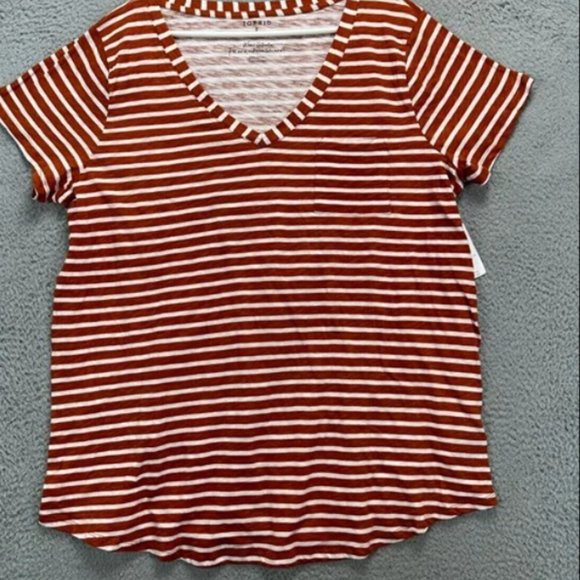 Tops - Shirt Women 2 Rust Brown Striped Classic Fit V-Neck Pocket Tee Ladies NEW